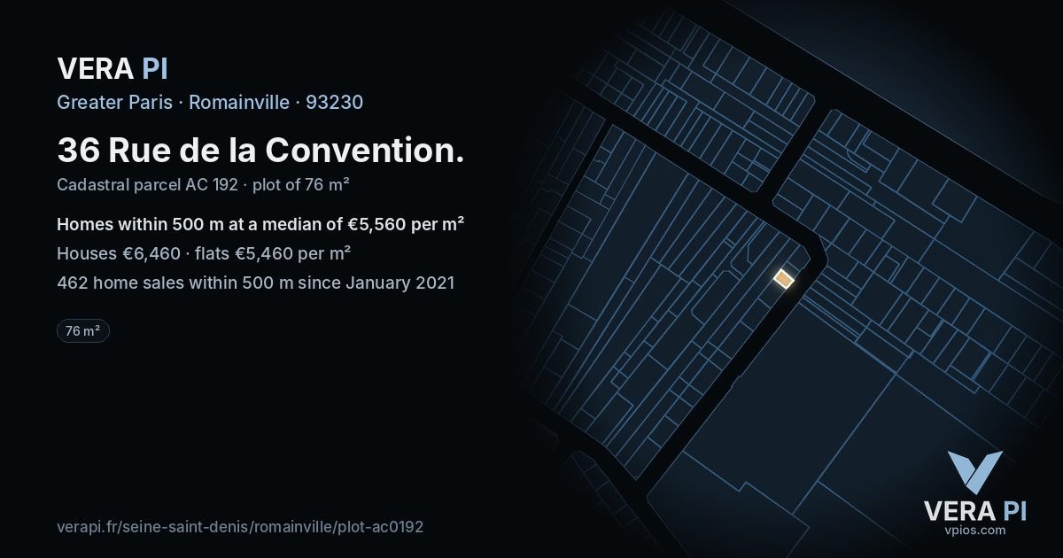 36 Rue de la Convention, Romainville at night – the plot lit, the parcels around coloured by the prices near them