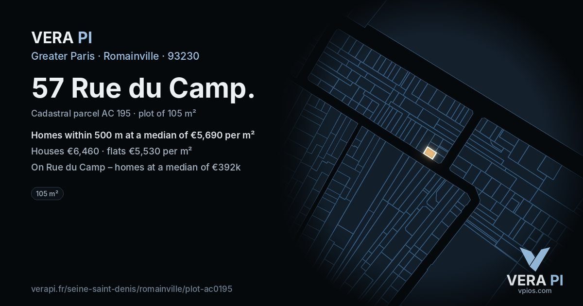 57 Rue du Camp, Romainville at night – the plot lit, the parcels around coloured by the prices near them