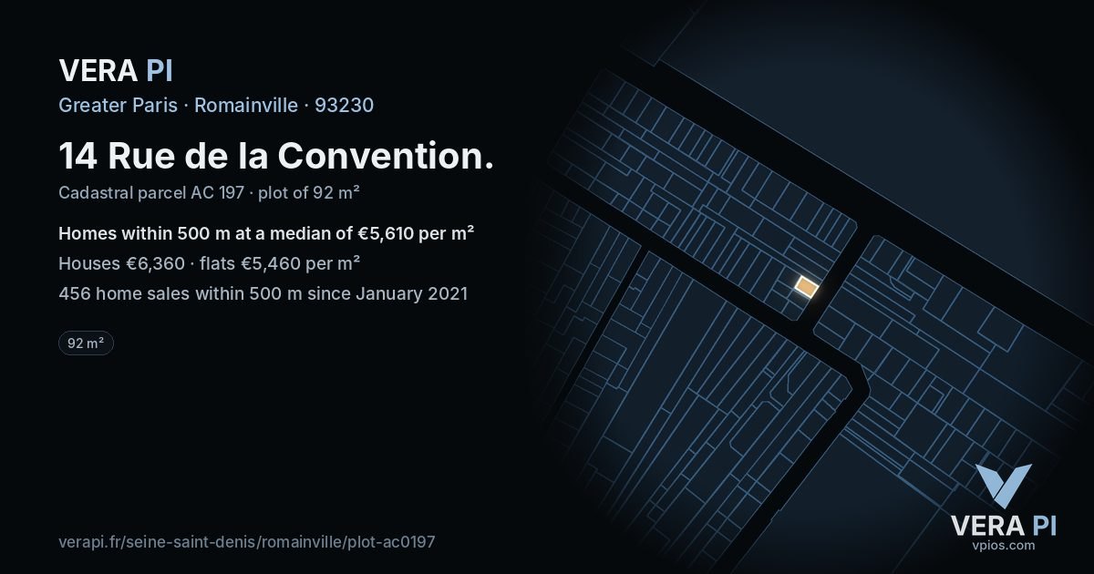 14 Rue de la Convention, Romainville at night – the plot lit, the parcels around coloured by the prices near them