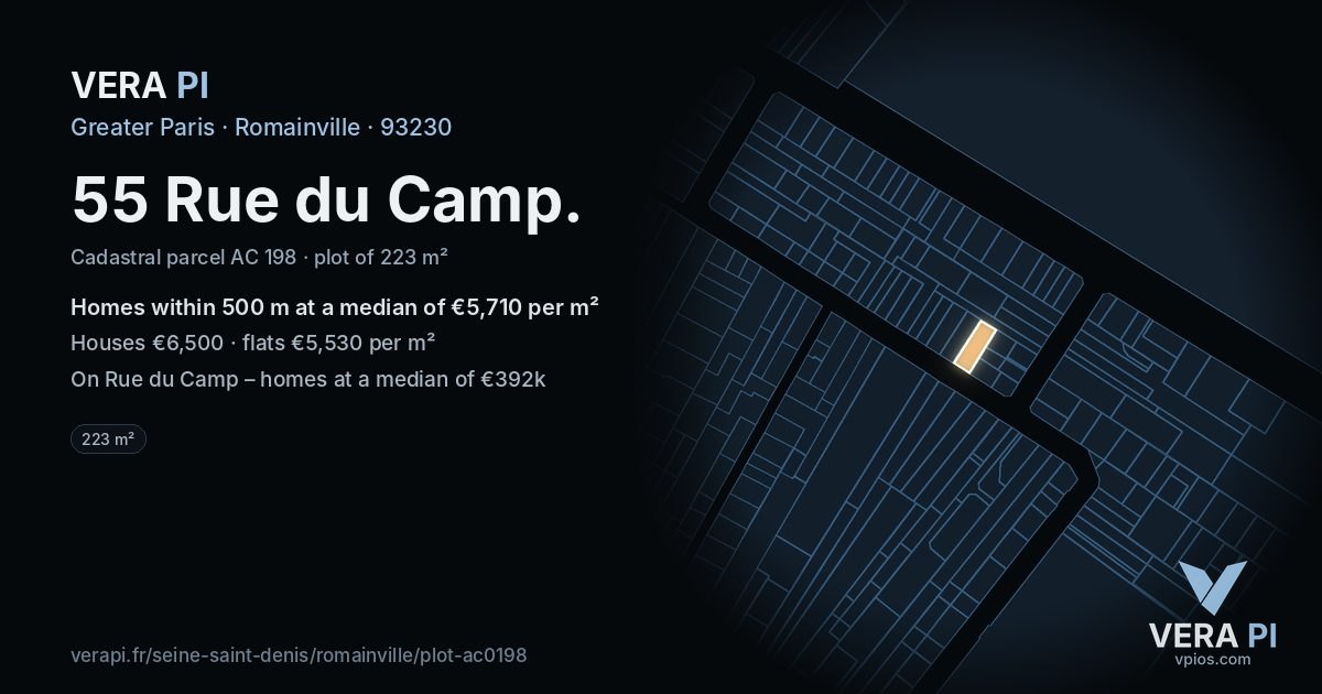 55 Rue du Camp, Romainville at night – the plot lit, the parcels around coloured by the prices near them