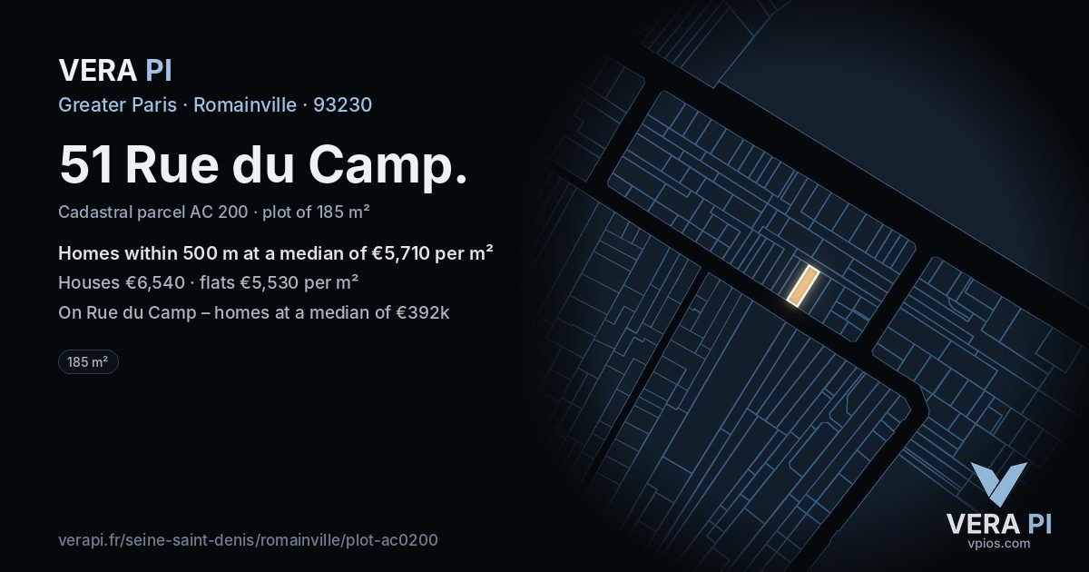 51 Rue du Camp, Romainville at night – the plot lit, the parcels around coloured by the prices near them