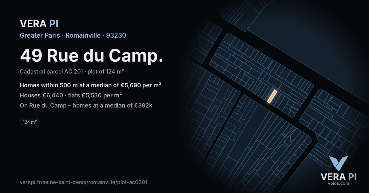 49 Rue du Camp, Romainville at night – the plot lit, the parcels around coloured by the prices near them