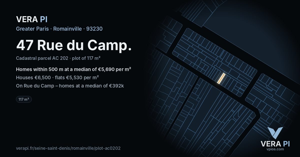 47 Rue du Camp, Romainville at night – the plot lit, the parcels around coloured by the prices near them