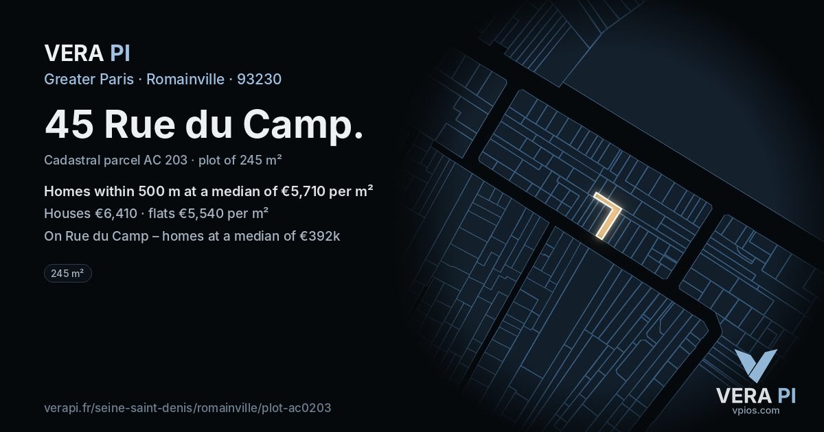 45 Rue du Camp, Romainville at night – the plot lit, the parcels around coloured by the prices near them