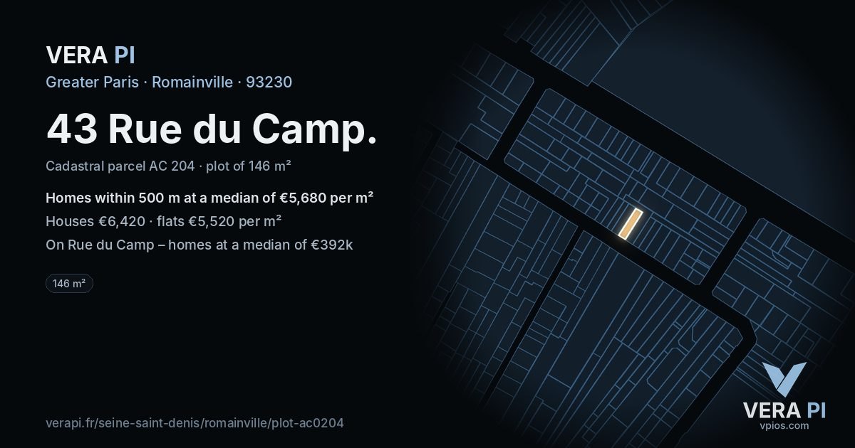 43 Rue du Camp, Romainville at night – the plot lit, the parcels around coloured by the prices near them