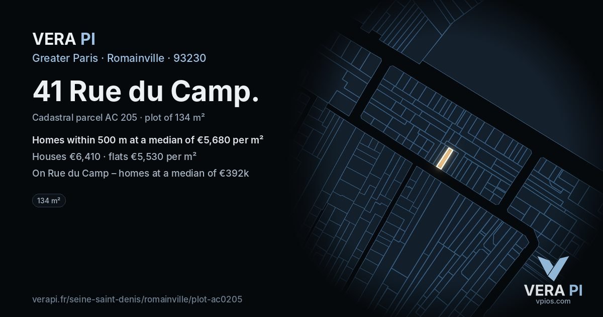 41 Rue du Camp, Romainville at night – the plot lit, the parcels around coloured by the prices near them