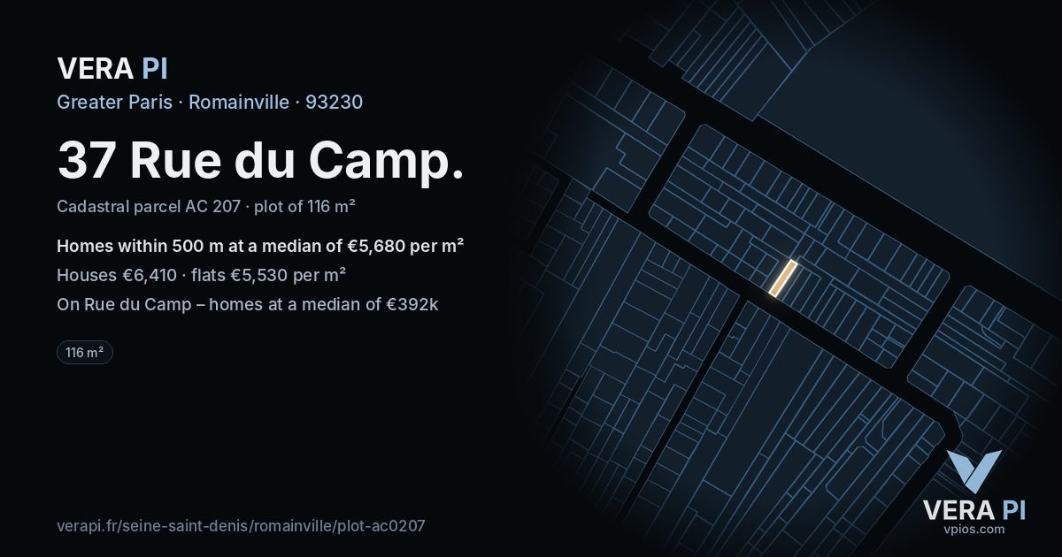 37 Rue du Camp, Romainville at night – the plot lit, the parcels around coloured by the prices near them