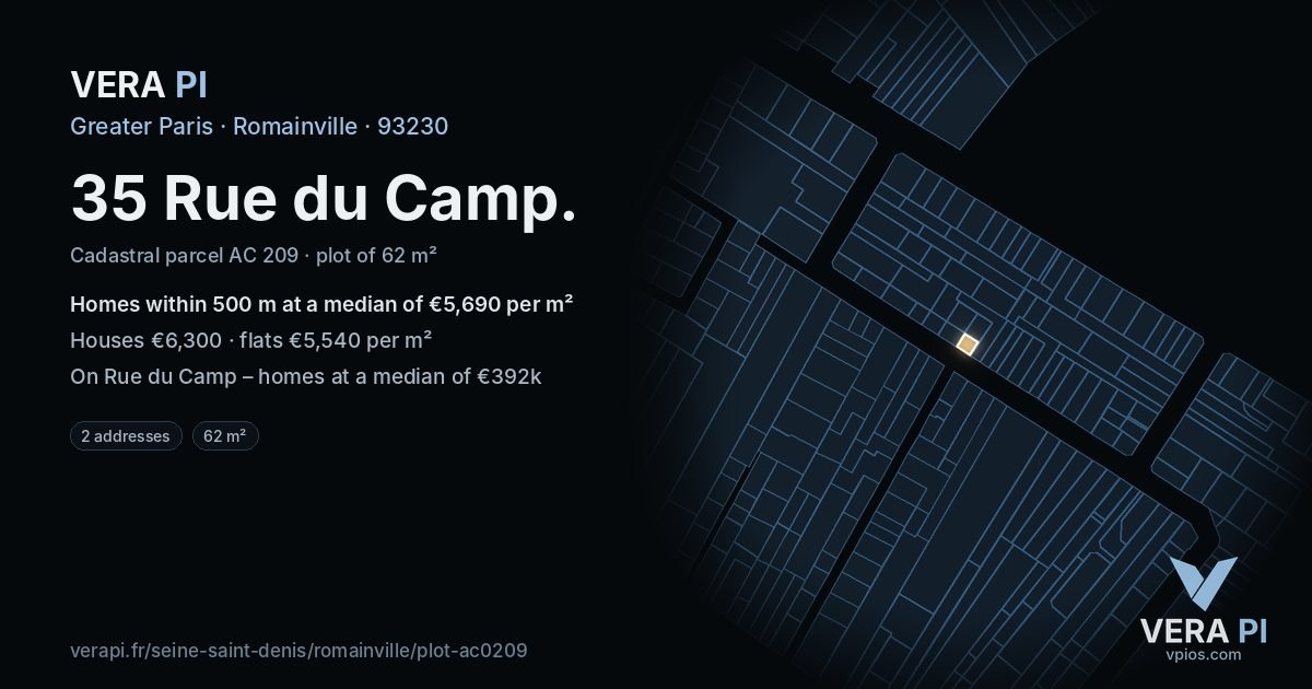35 Rue du Camp, Romainville at night – the plot lit, the parcels around coloured by the prices near them