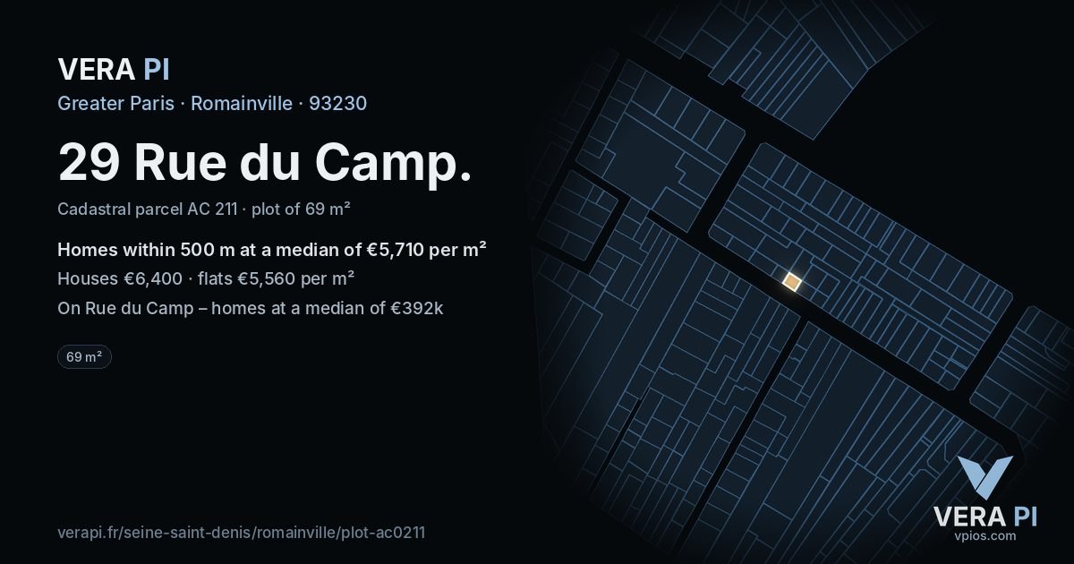 29 Rue du Camp, Romainville at night – the plot lit, the parcels around coloured by the prices near them