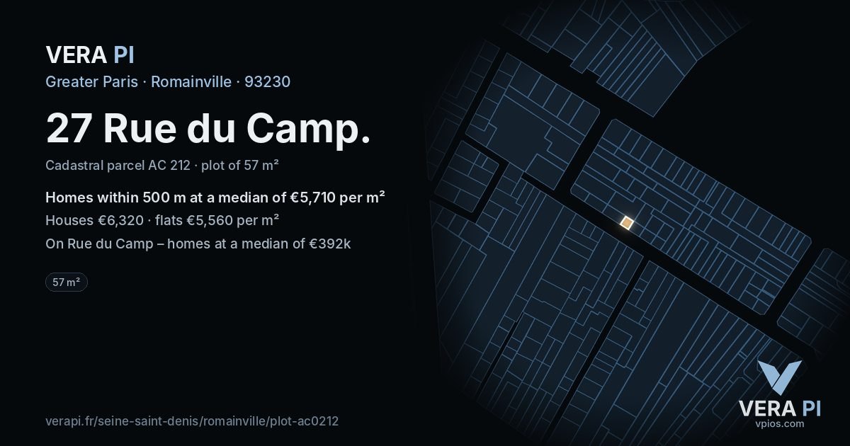 27 Rue du Camp, Romainville at night – the plot lit, the parcels around coloured by the prices near them