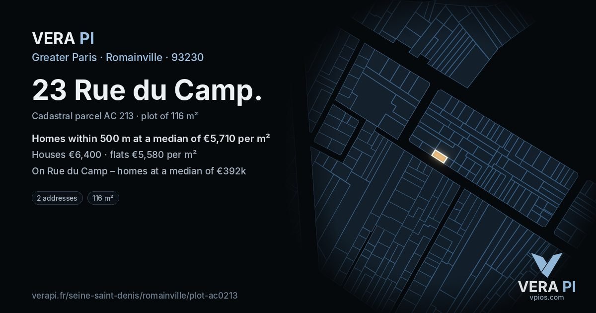 23 Rue du Camp, Romainville at night – the plot lit, the parcels around coloured by the prices near them