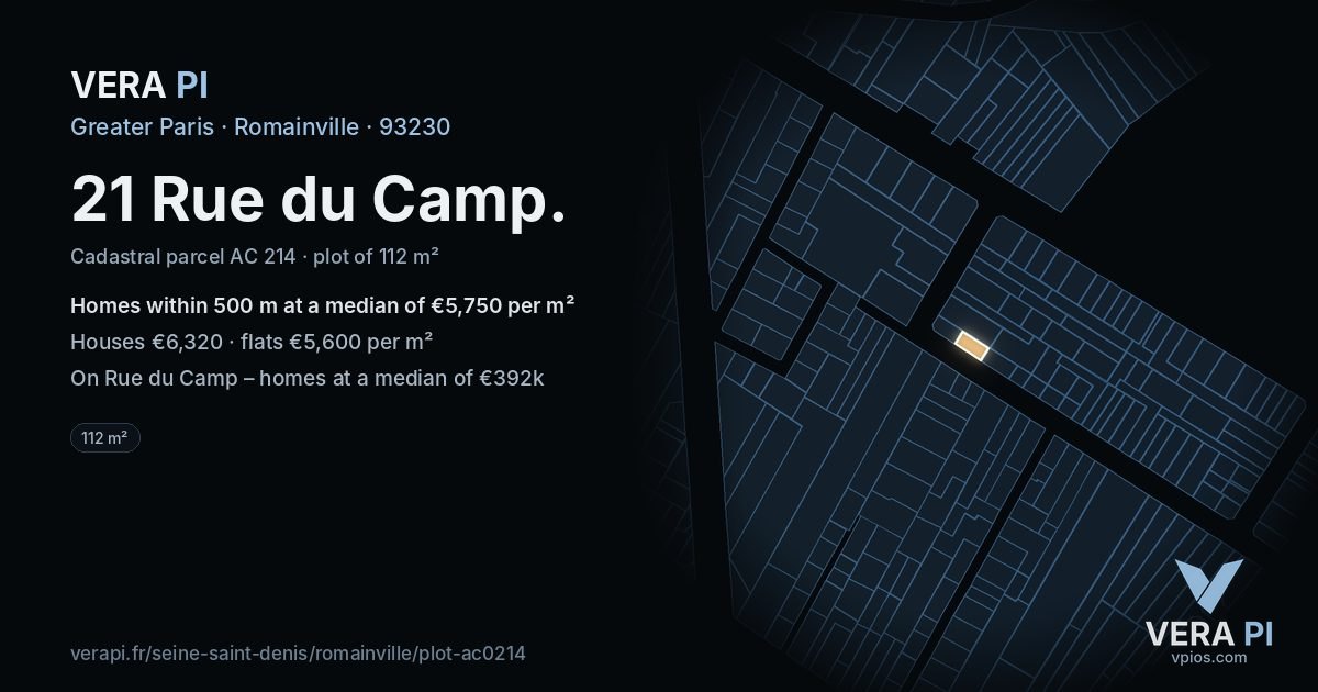 21 Rue du Camp, Romainville at night – the plot lit, the parcels around coloured by the prices near them