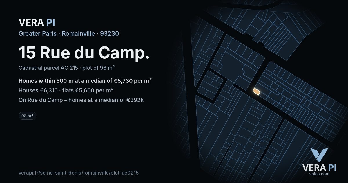 15 Rue du Camp, Romainville at night – the plot lit, the parcels around coloured by the prices near them