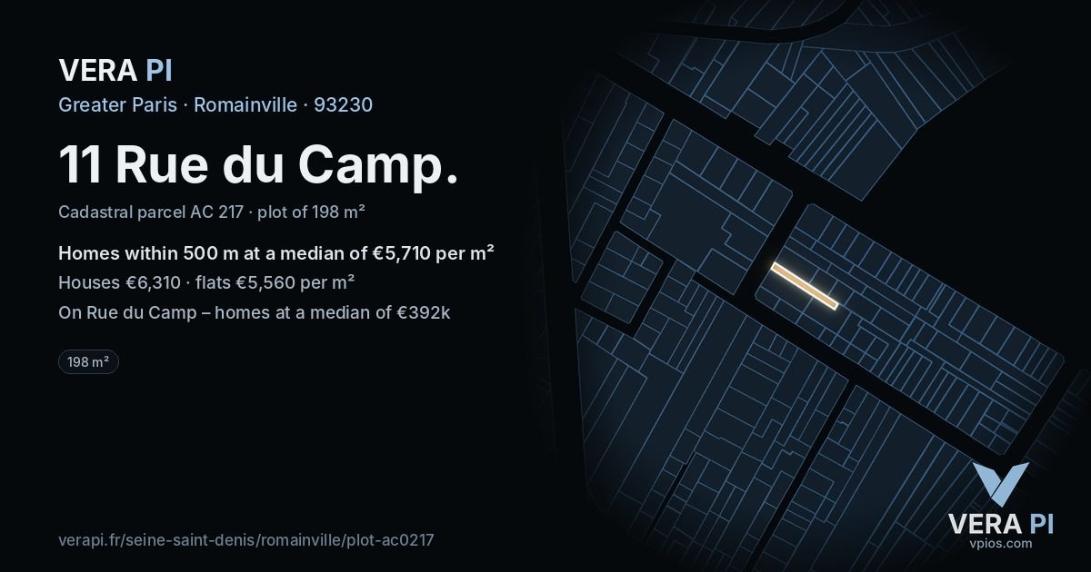 11 Rue du Camp, Romainville at night – the plot lit, the parcels around coloured by the prices near them