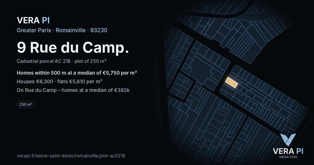 9 Rue du Camp, Romainville at night – the plot lit, the parcels around coloured by the prices near them