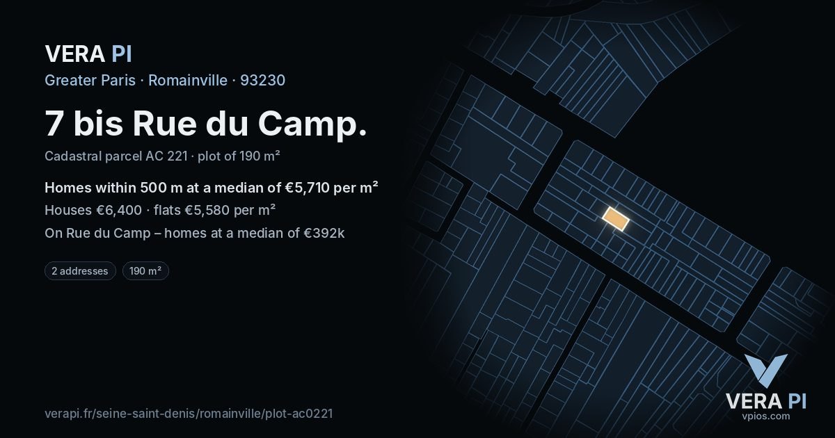 7 bis Rue du Camp, Romainville at night – the plot lit, the parcels around coloured by the prices near them