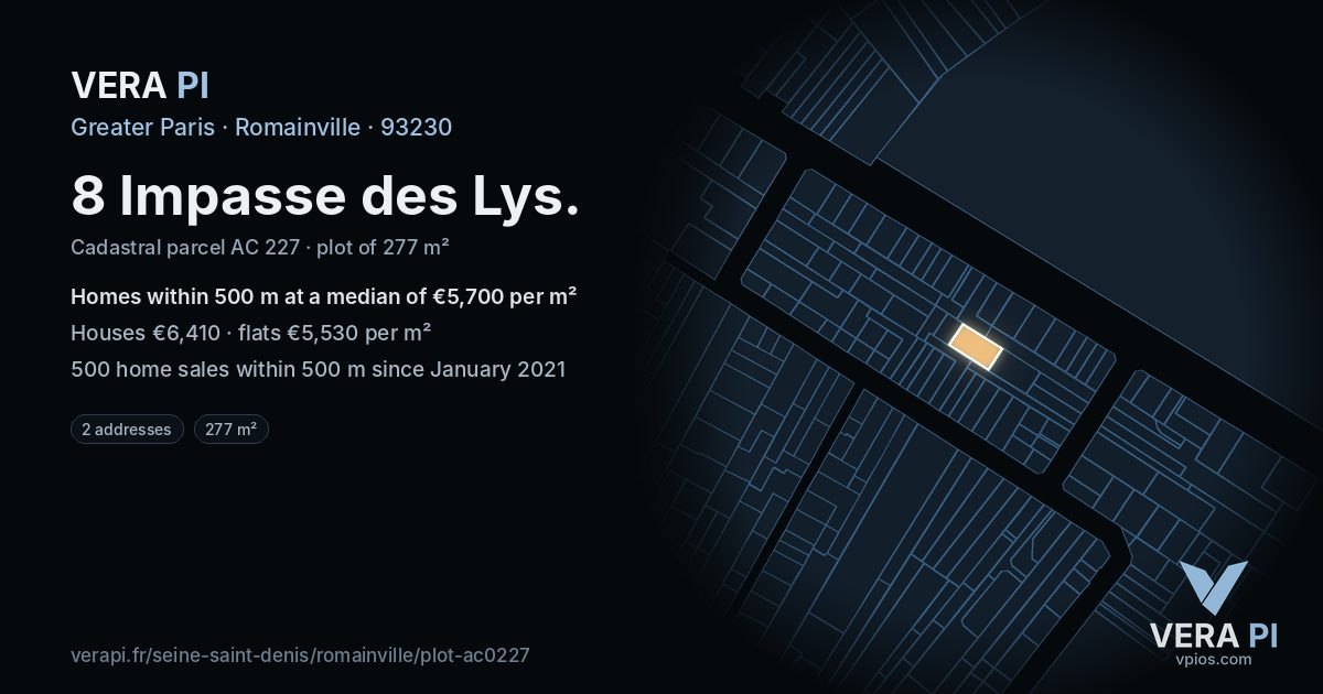 8 Impasse des Lys, Romainville at night – the plot lit, the parcels around coloured by the prices near them