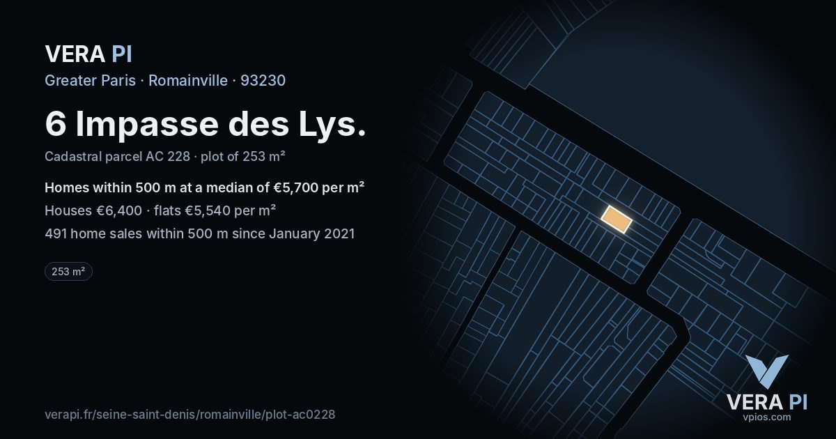 6 Impasse des Lys, Romainville at night – the plot lit, the parcels around coloured by the prices near them