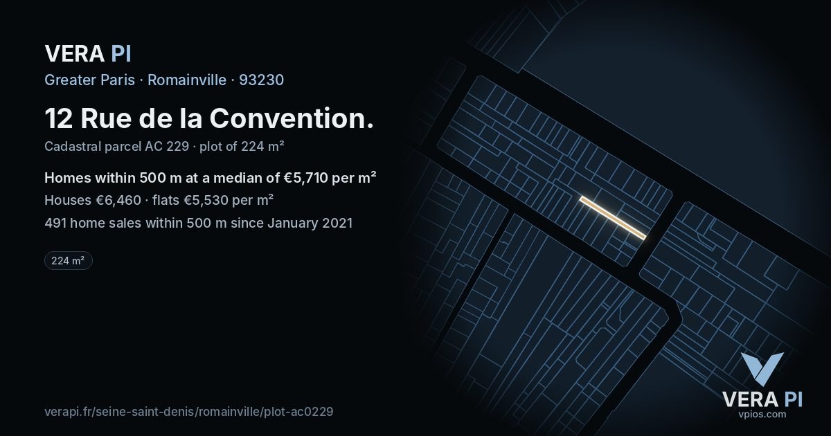 12 Rue de la Convention, Romainville at night – the plot lit, the parcels around coloured by the prices near them