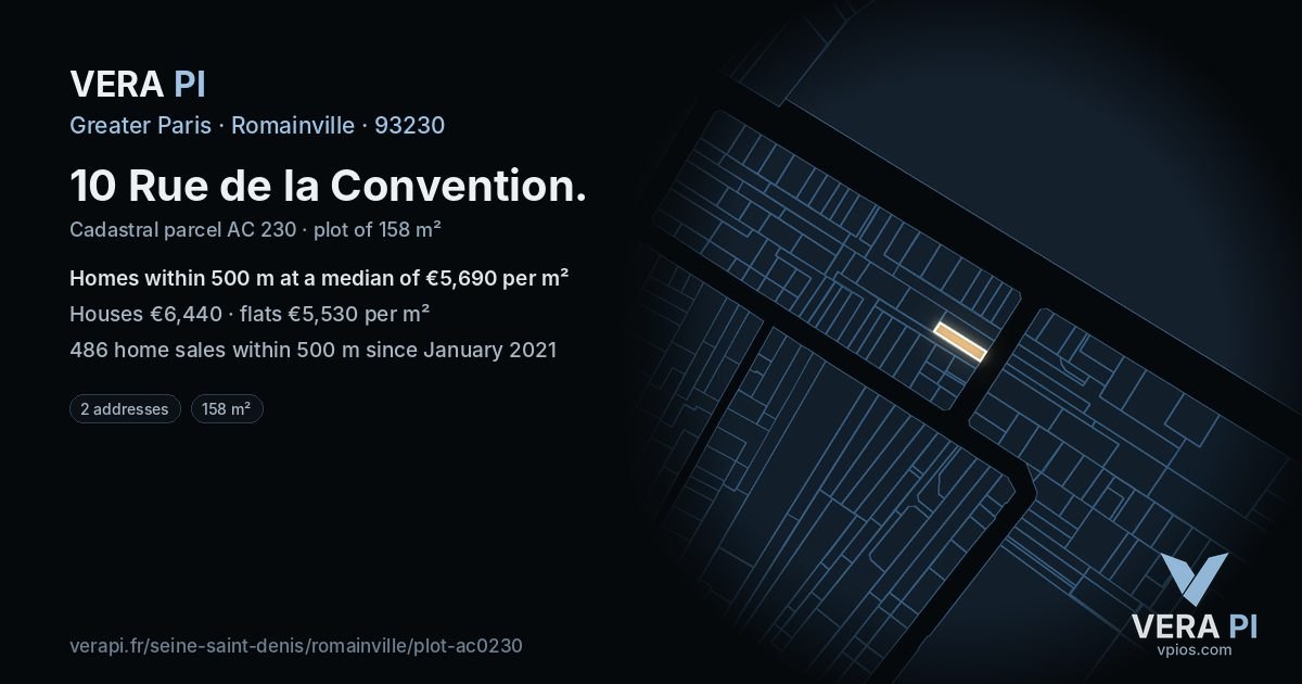 10 Rue de la Convention, Romainville at night – the plot lit, the parcels around coloured by the prices near them