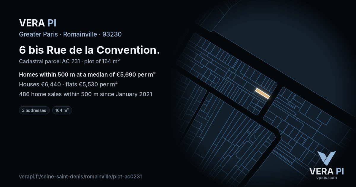 6 bis Rue de la Convention, Romainville at night – the plot lit, the parcels around coloured by the prices near them