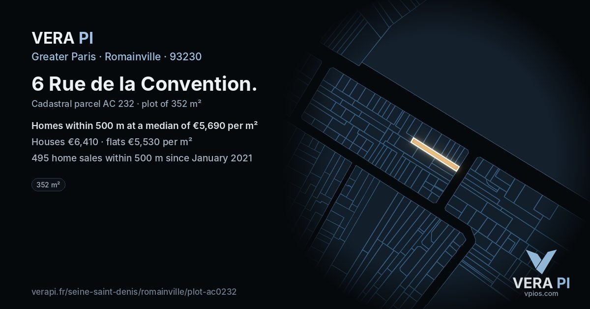 6 Rue de la Convention, Romainville at night – the plot lit, the parcels around coloured by the prices near them