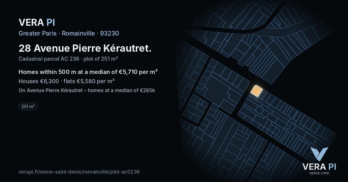 28 Avenue Pierre Kérautret, Romainville at night – the plot lit, the parcels around coloured by the prices near them