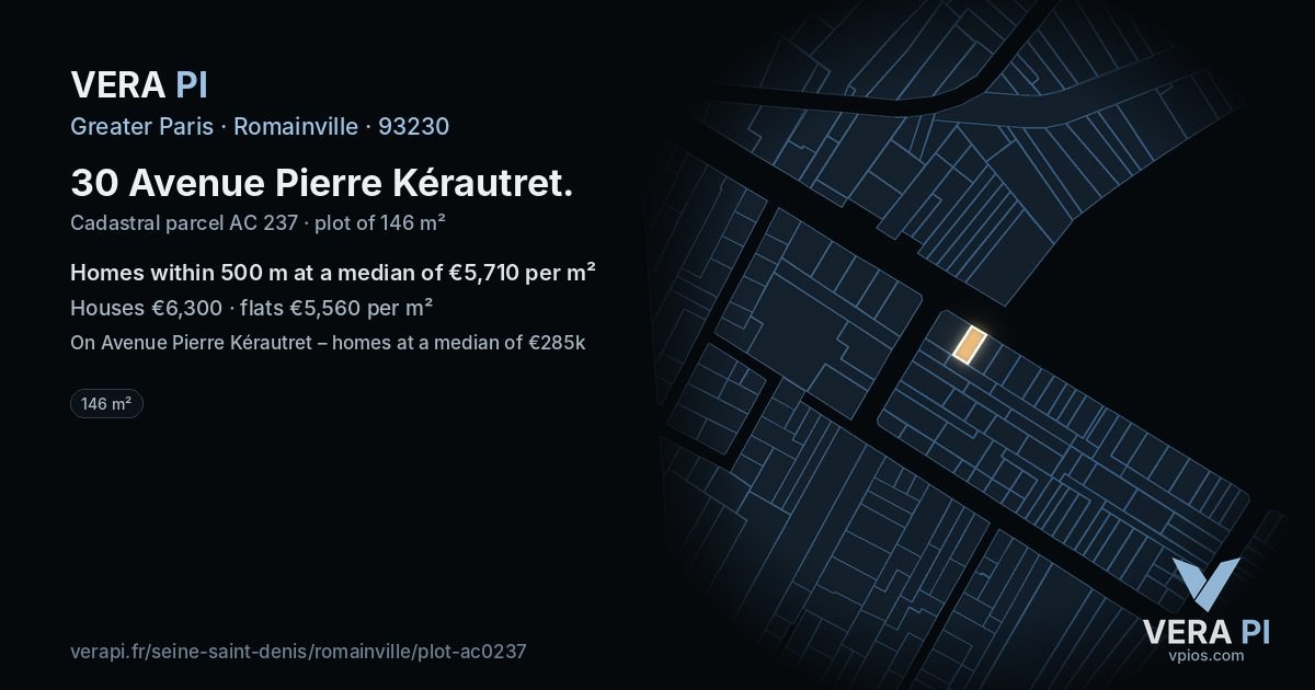 30 Avenue Pierre Kérautret, Romainville at night – the plot lit, the parcels around coloured by the prices near them