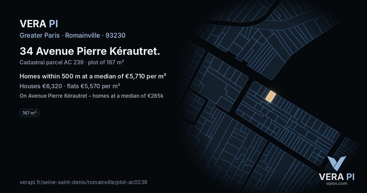34 Avenue Pierre Kérautret, Romainville at night – the plot lit, the parcels around coloured by the prices near them