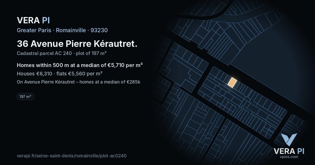 36 Avenue Pierre Kérautret, Romainville at night – the plot lit, the parcels around coloured by the prices near them