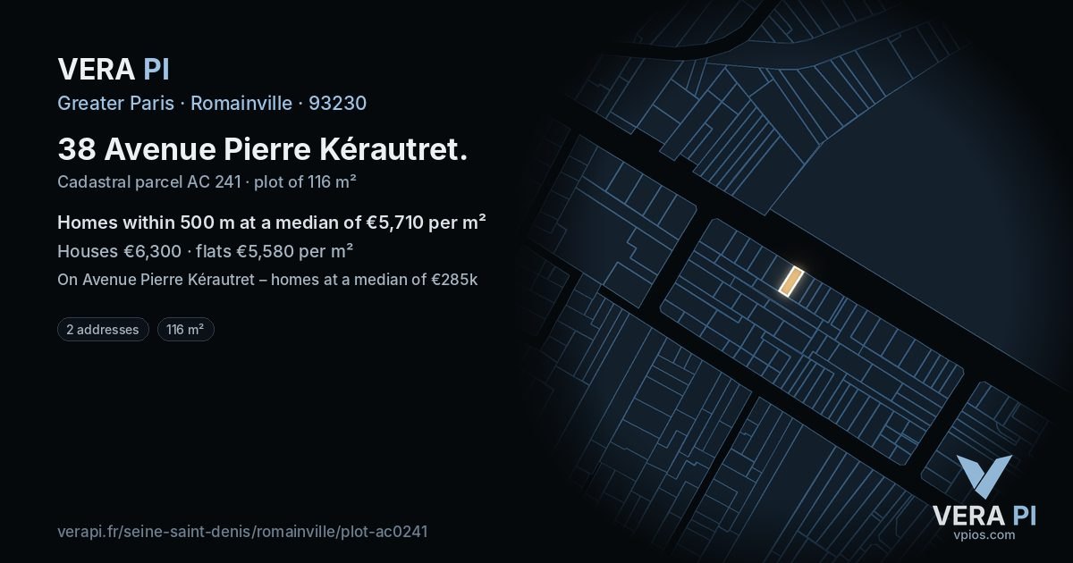 38 Avenue Pierre Kérautret, Romainville at night – the plot lit, the parcels around coloured by the prices near them