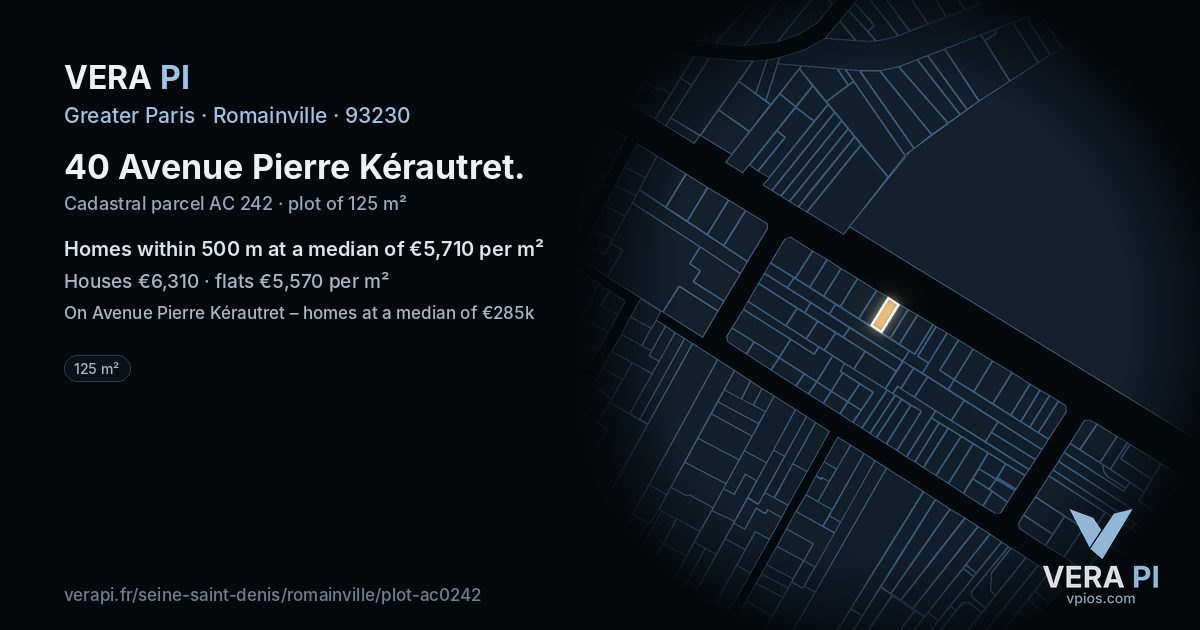 40 Avenue Pierre Kérautret, Romainville at night – the plot lit, the parcels around coloured by the prices near them
