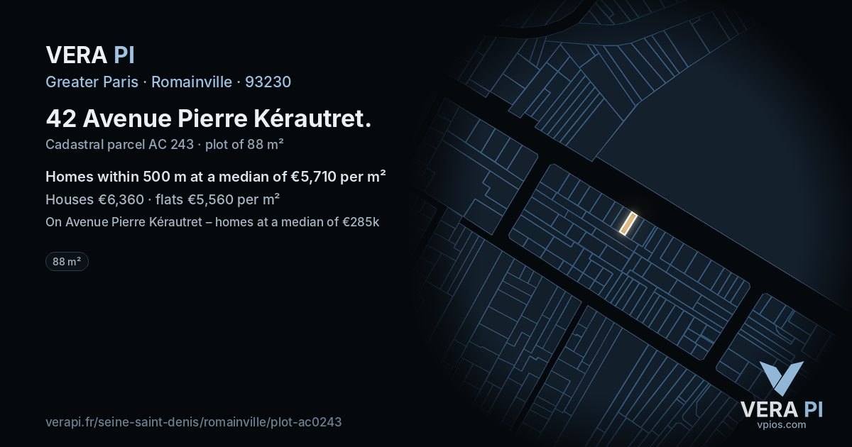42 Avenue Pierre Kérautret, Romainville at night – the plot lit, the parcels around coloured by the prices near them