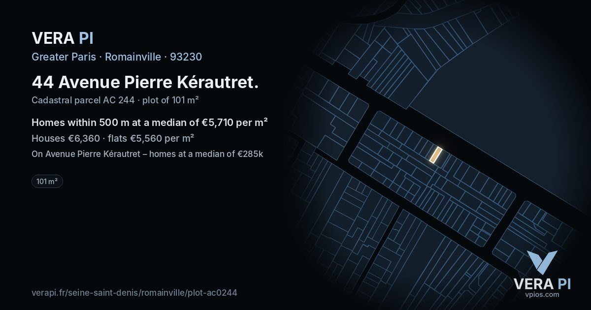 44 Avenue Pierre Kérautret, Romainville at night – the plot lit, the parcels around coloured by the prices near them