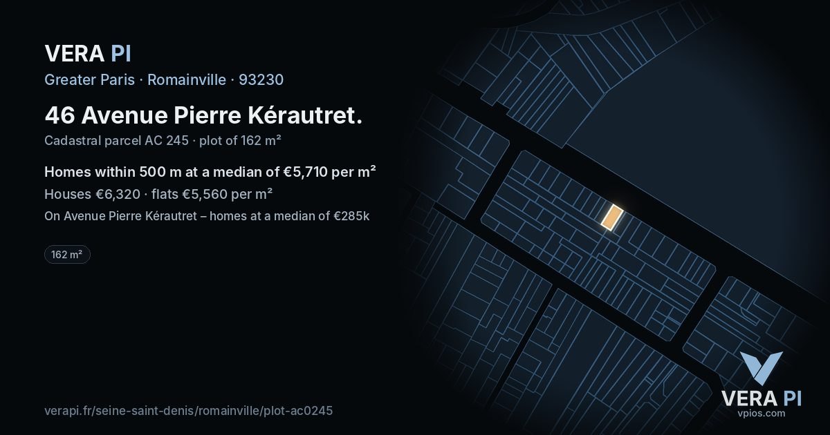46 Avenue Pierre Kérautret, Romainville at night – the plot lit, the parcels around coloured by the prices near them