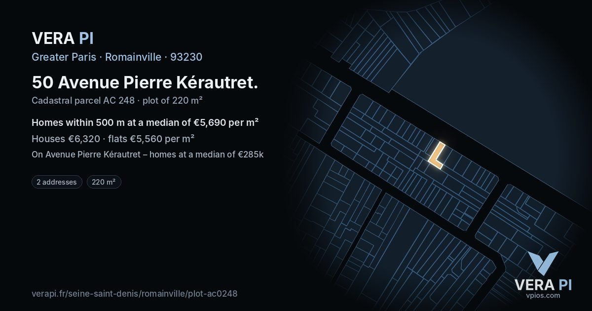 50 Avenue Pierre Kérautret, Romainville at night – the plot lit, the parcels around coloured by the prices near them