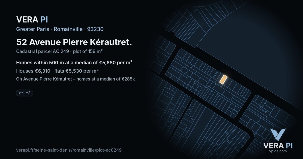 52 Avenue Pierre Kérautret, Romainville at night – the plot lit, the parcels around coloured by the prices near them