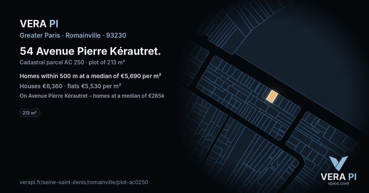 54 Avenue Pierre Kérautret, Romainville at night – the plot lit, the parcels around coloured by the prices near them