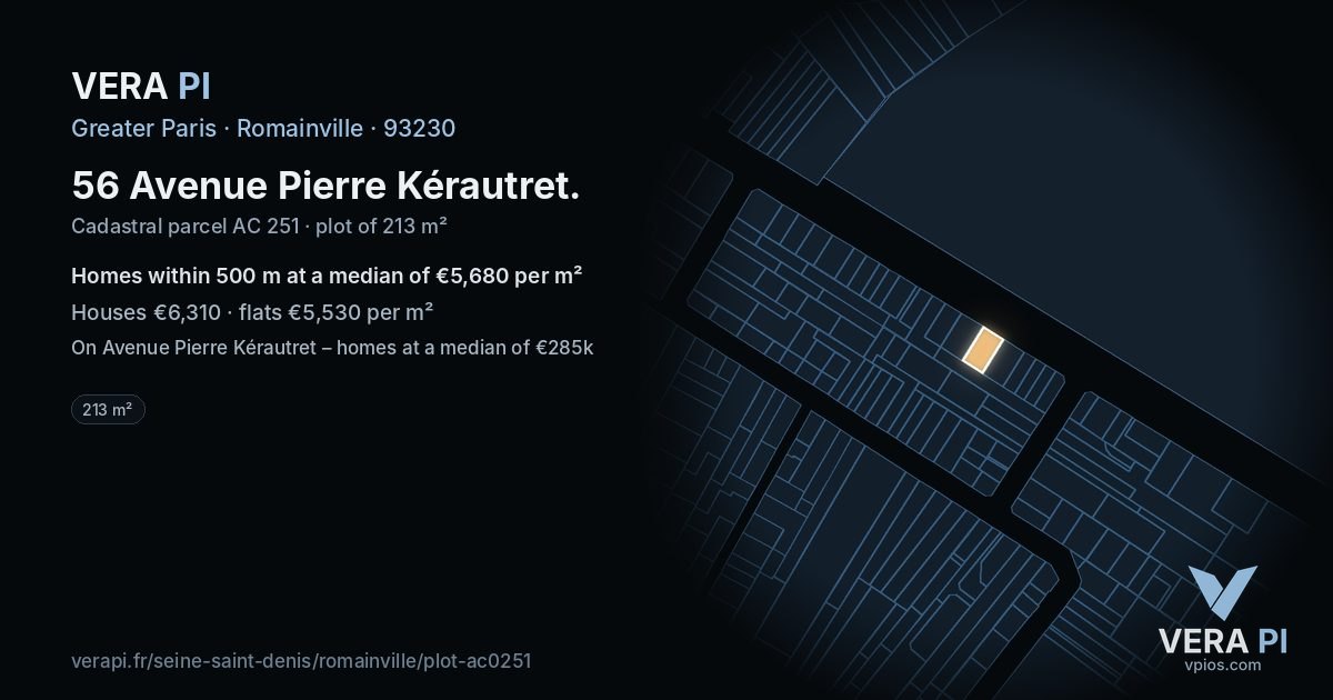 56 Avenue Pierre Kérautret, Romainville at night – the plot lit, the parcels around coloured by the prices near them