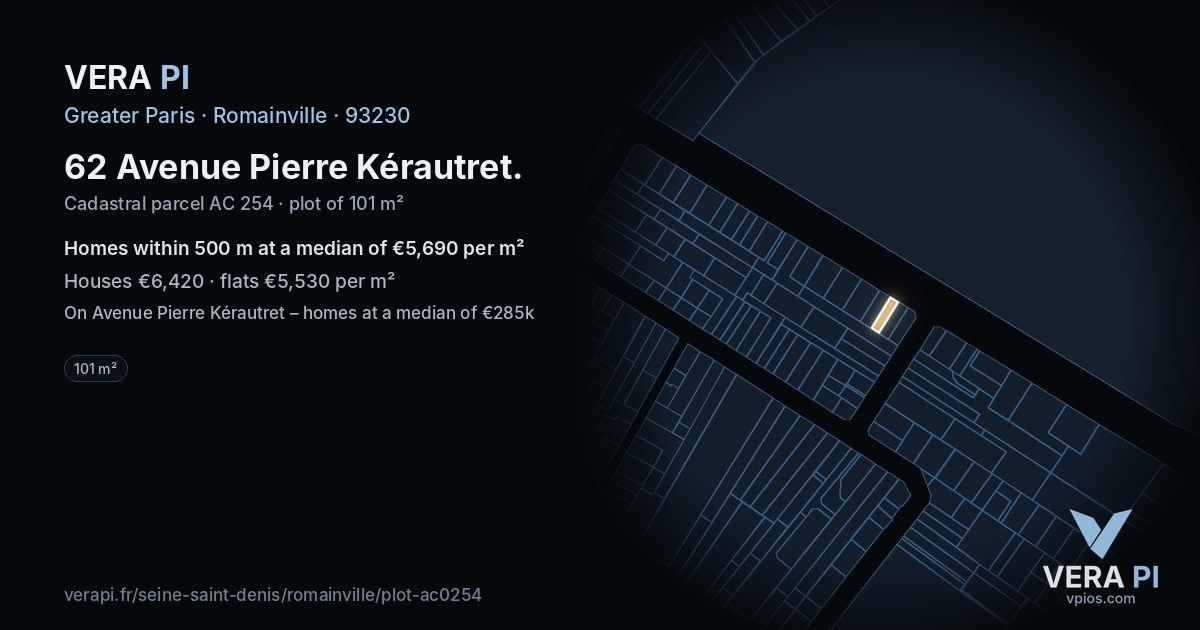 62 Avenue Pierre Kérautret, Romainville at night – the plot lit, the parcels around coloured by the prices near them