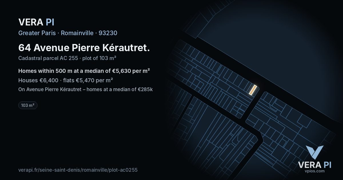 64 Avenue Pierre Kérautret, Romainville at night – the plot lit, the parcels around coloured by the prices near them