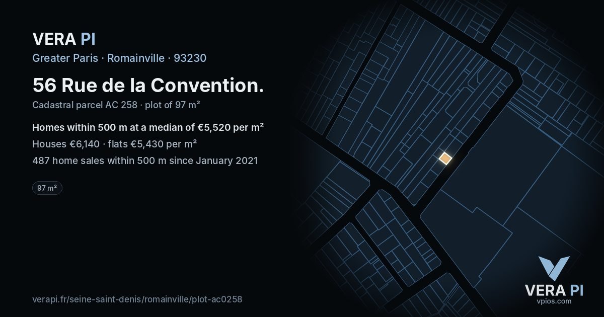 56 Rue de la Convention, Romainville at night – the plot lit, the parcels around coloured by the prices near them