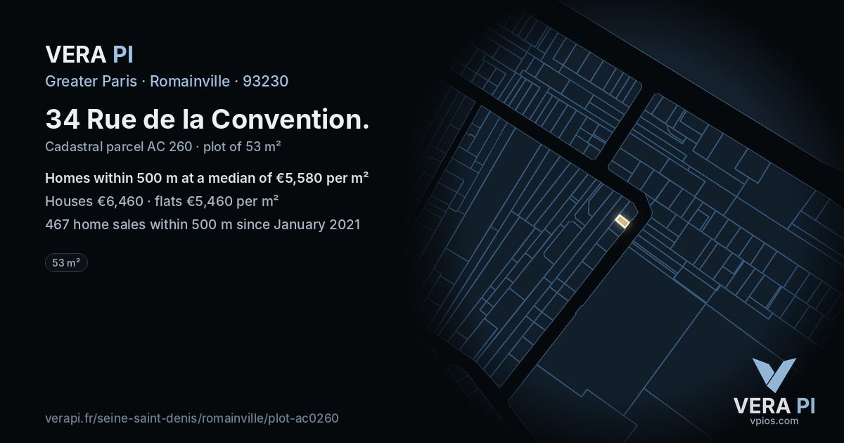 34 Rue de la Convention, Romainville at night – the plot lit, the parcels around coloured by the prices near them