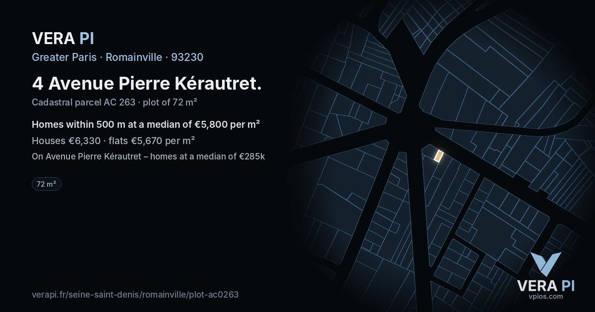 4 Avenue Pierre Kérautret, Romainville at night – the plot lit, the parcels around coloured by the prices near them