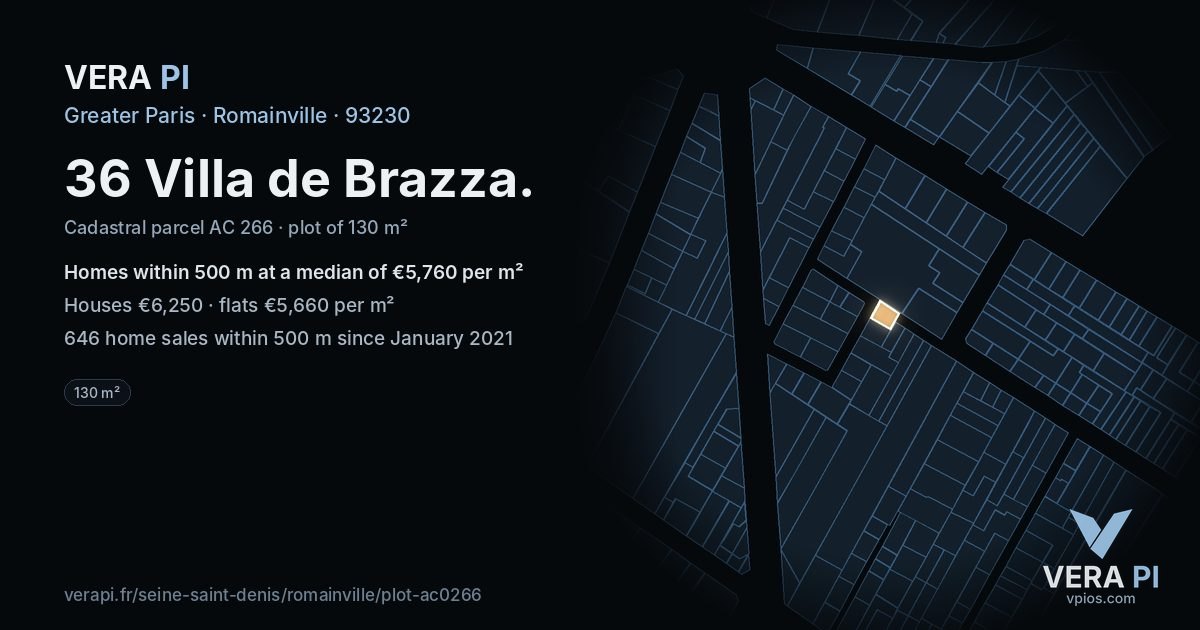 36 Villa de Brazza, Romainville at night – the plot lit, the parcels around coloured by the prices near them