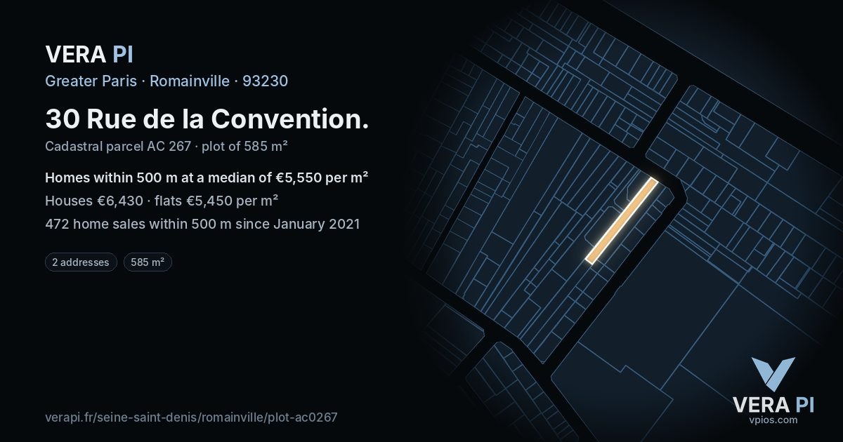 30 Rue de la Convention, Romainville at night – the plot lit, the parcels around coloured by the prices near them
