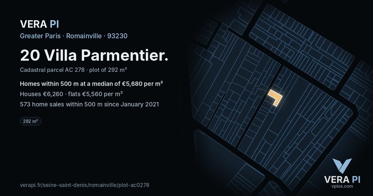 20 Villa Parmentier, Romainville at night – the plot lit, the parcels around coloured by the prices near them