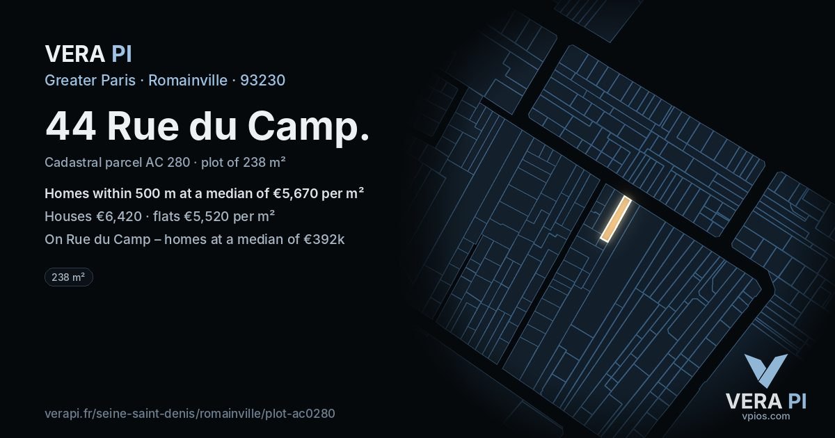 44 Rue du Camp, Romainville at night – the plot lit, the parcels around coloured by the prices near them