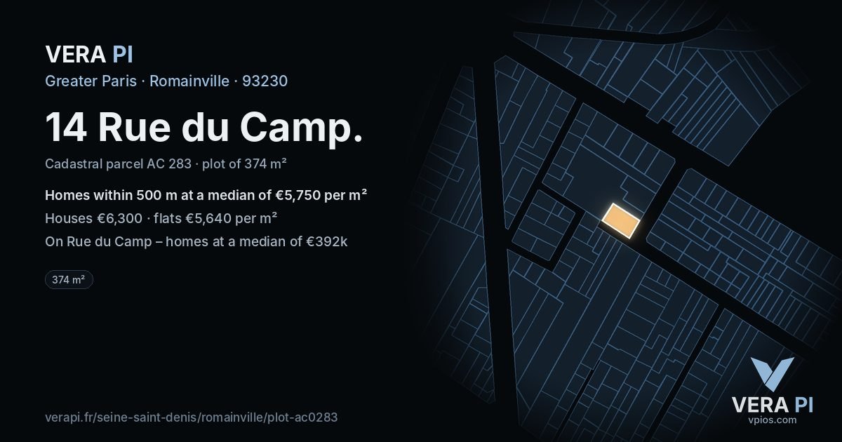 14 Rue du Camp, Romainville at night – the plot lit, the parcels around coloured by the prices near them
