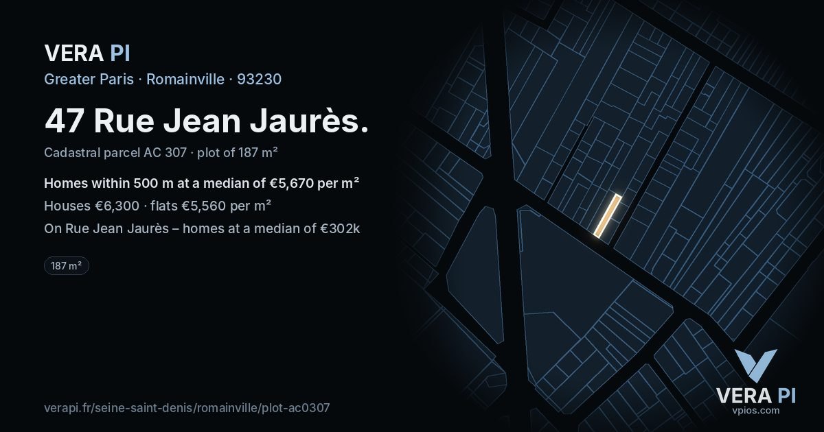 47 Rue Jean Jaurès, Romainville at night – the plot lit, the parcels around coloured by the prices near them